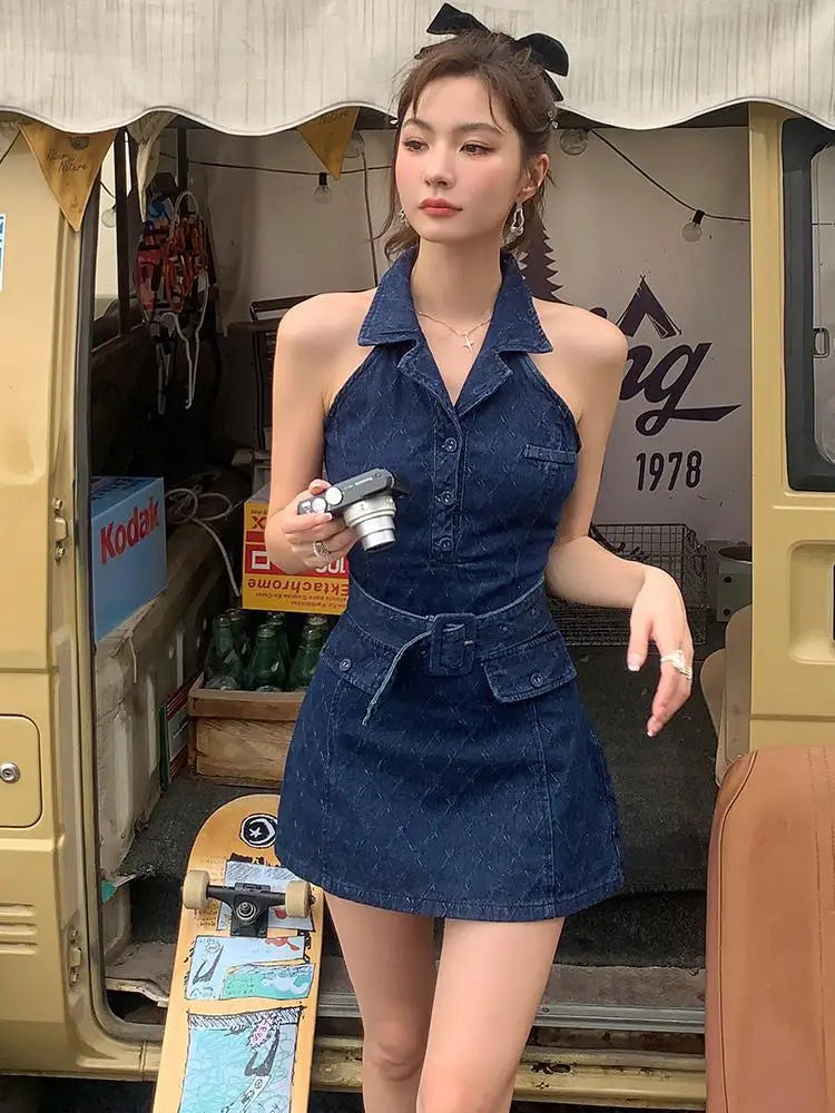 nvxiot - Summer Retro Blue Turn-down Collar Off Shoulder Button Denim Mini Dress Women Sleeveless High Waist A-line Jeans Short Dress New
