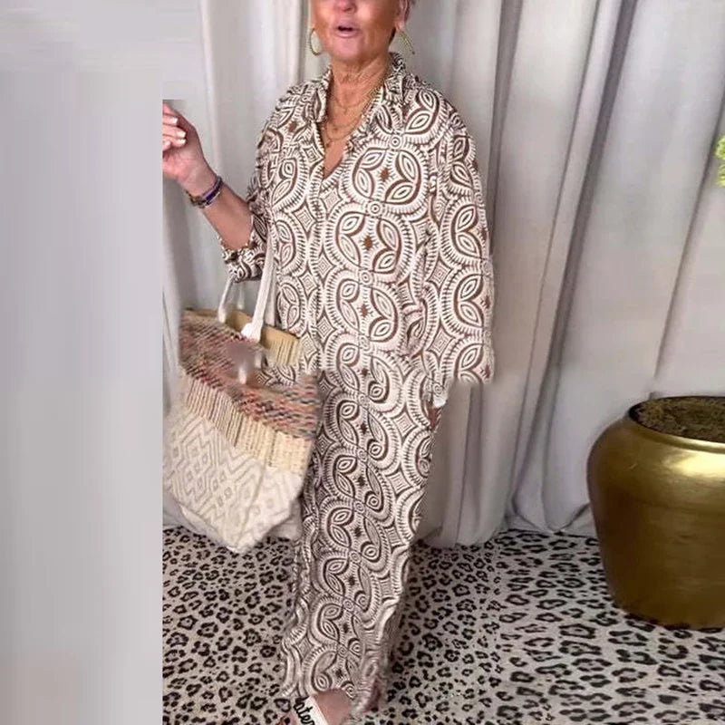 MQTIME - Casual Single Breasted Bohemian Dresses Vintage Pattern Printed Loose Shirt Dress Office Ladies Lapel Long Sleeved Party Dress