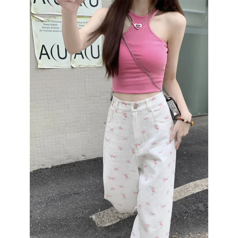 nvxiot Korean Floral Printed Sexy Slim Casual Jeans Women Summer New High Waist Fashion All Match Wide Leg Pants