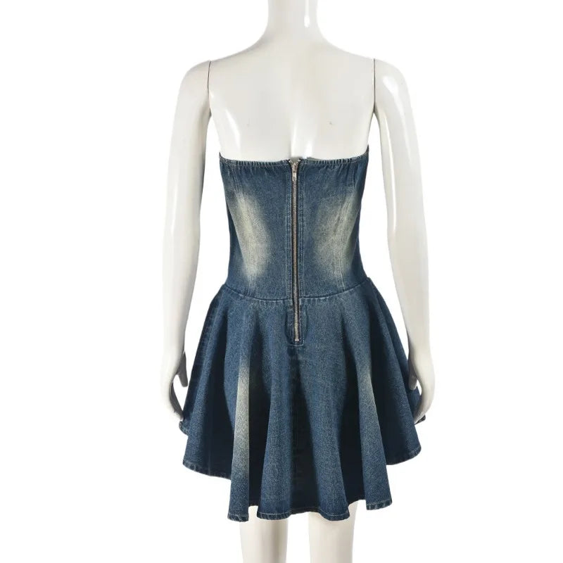 nvxiot - Women Fashion Grommet Lace Up Fit Flare Mini Denim Dress Sexy Strapless Zip-up Backless Ruffles Casual Jeans Streetwear Clubwear