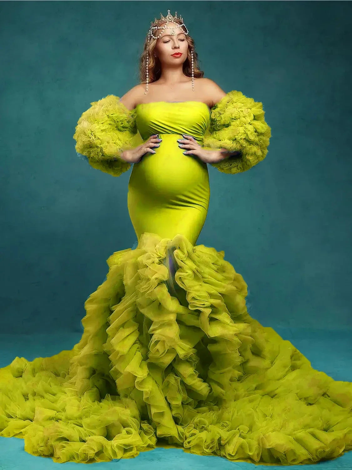 nvxiot - Teal Blue Mermaid Maternity Dress for Pregnant Woman Removable Puffy Sleeve Women Gowns for Photoshoot Evening Bathrobe Robes