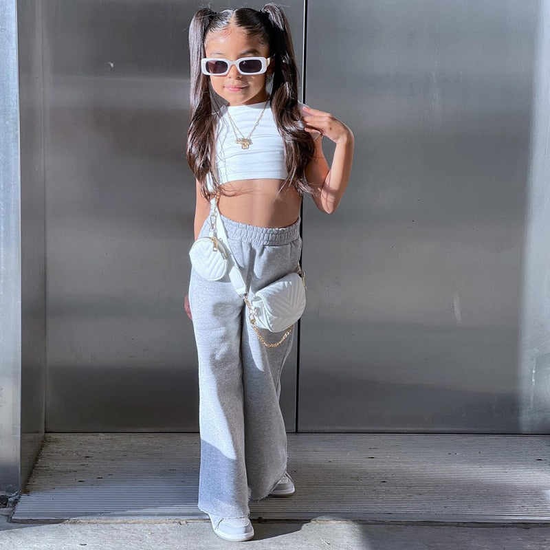 nvxiot Child Girl 2pcs/set Short Sleeve White Crop Tops+High Waist Sport Pants Clothing Suits Baby Kids Girl Fashion Outfits Children's