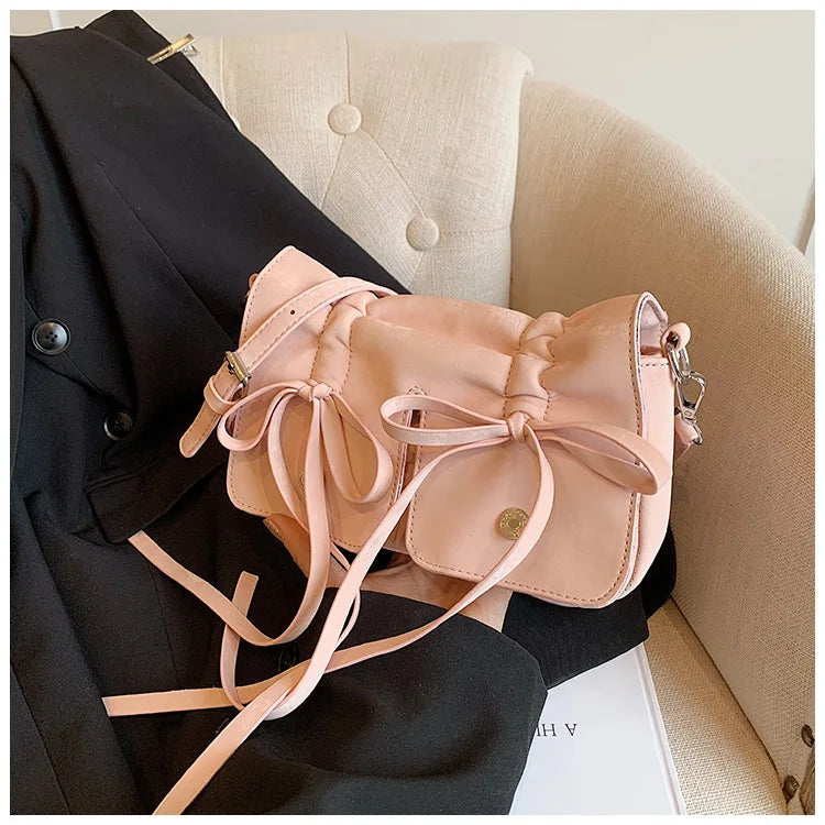 nvxiot - 2024 Korean Fashion Fold Bow Handbags Small Square Shoulder Bags For Women Black White Pink Silver Trendy Daily Shopping HandBag