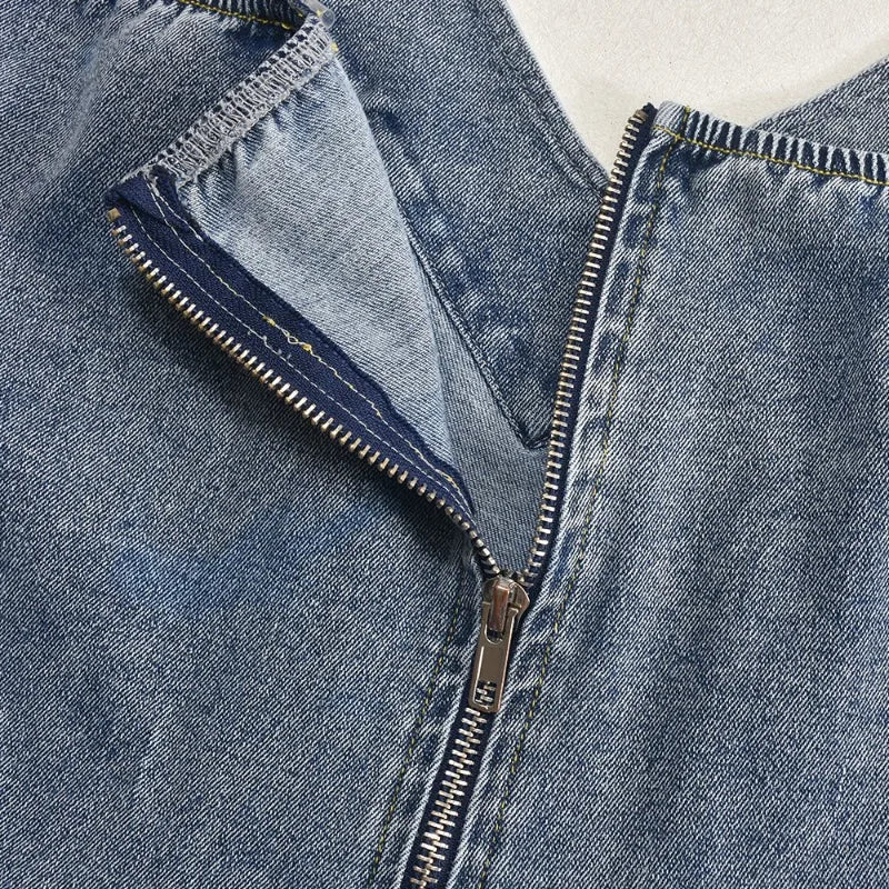 nvxiot - Women Summer Strapless Mini Pleated Denim Dress Sexy V-neck Sleeveless Zip-up Backless Slim Casual Streetwear Jeans Clubwear