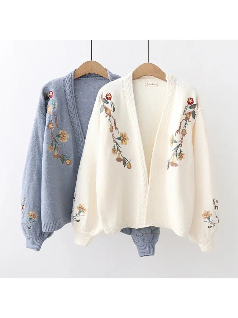 nvxiot - Japanese Mori Girl Autumn Winter Women Sweater V Neck Beige Blue Knitted Cardigan Elegant Floral Embroidery Warm Sweet Outerwear