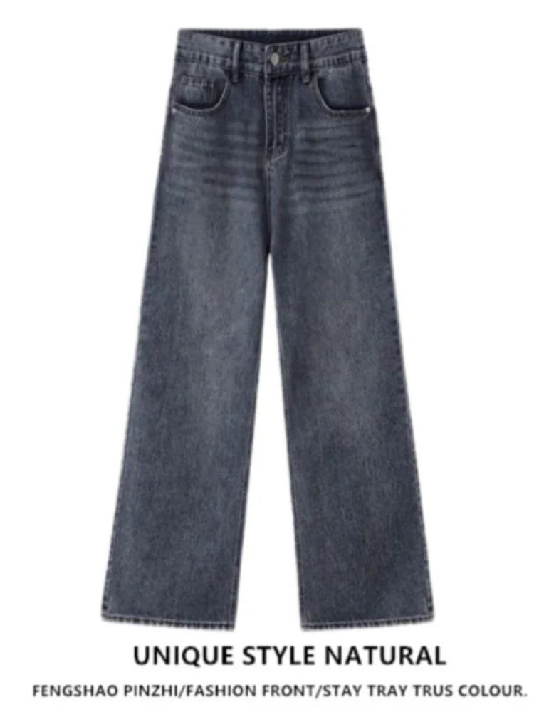 nvxiot - Vintage Blue Jeans Women Streetwear Casual Baggy Pants Wide Leg Korean Fashion Basic Denim Trousers High Street