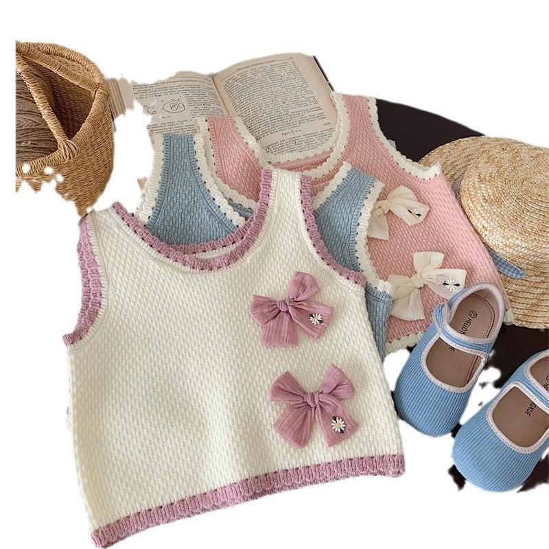 nvxiot - 2024 Spring Children Girl Vest Korean Knotbow Toddler Girl Sweater Tank Top Spliced Loose Knitted Sleeveless Baby Girl Pullovers