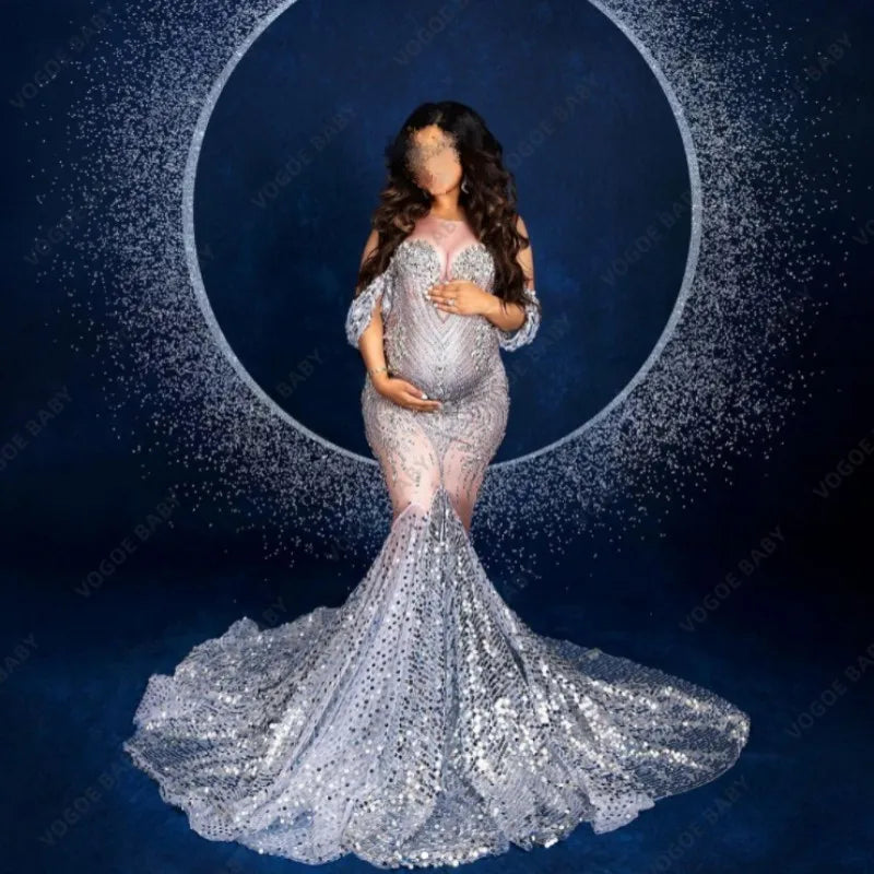 nvxiot - Sequin Maternity Photography Dress Glittering Rhinestones Dress Maternity Baby Shower Robe Pregnant Wedding Dress Photo Shoot