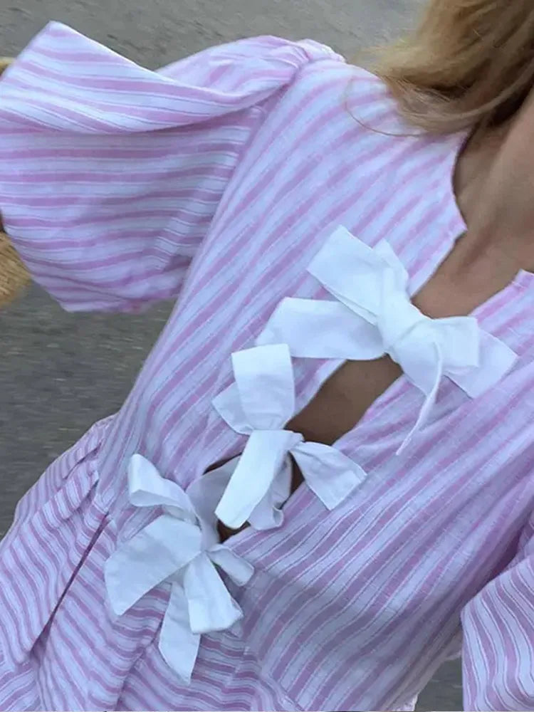 MQTIME - Casual Stripe Bow Lace Up Shirt Shorts Suit Women Short Sleeve Tops Elastic Waist Shorts Set Female 2024 Summer Vacation Outfits