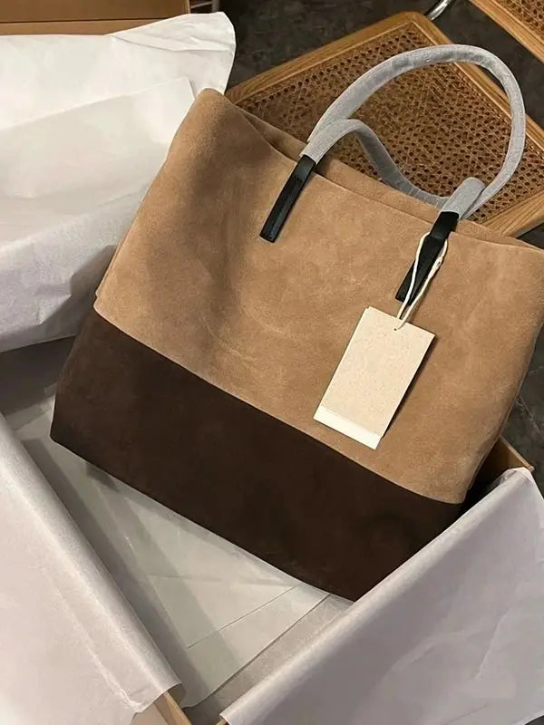MQTIME - Vintage Brown Large Capacity Tote Bag Women Retro High Street Suede Patchwork Handbag Ladies Harajuku Shoulder Bags Chic
