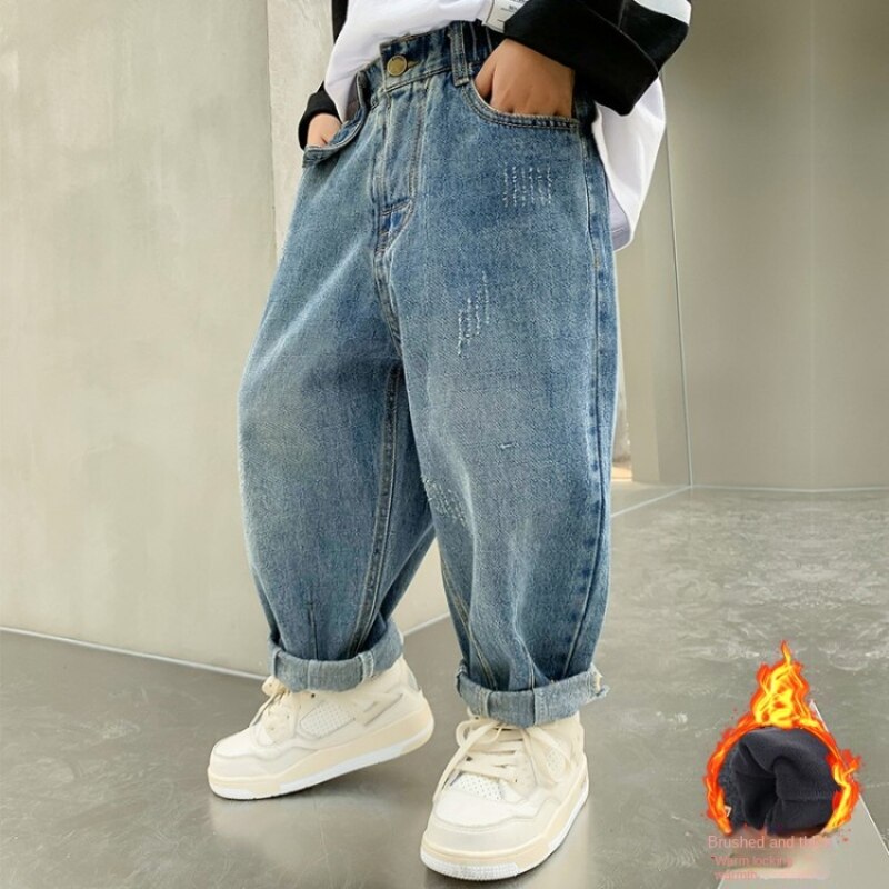 nvxiot Jeans for Boys Autumn Blue Fashion All-match Young Children's Casual Pants Winter Fleece Thick Kids Trousers 10 12 13 Years