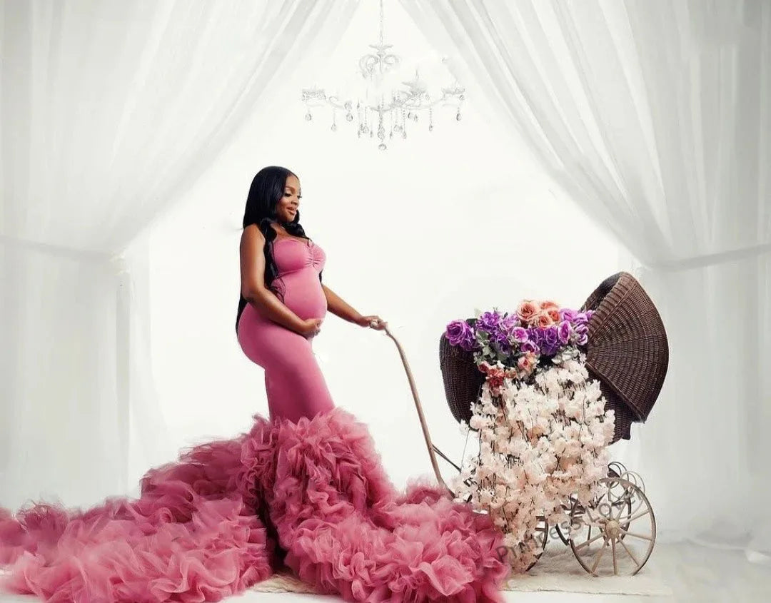 MQTIME - Gorgeous Pink Mermaid Maternity Gown Photography Dresses Strapless Puffy Ruffled Tulle Pregnancy Maternity Dress Stretchy Custom