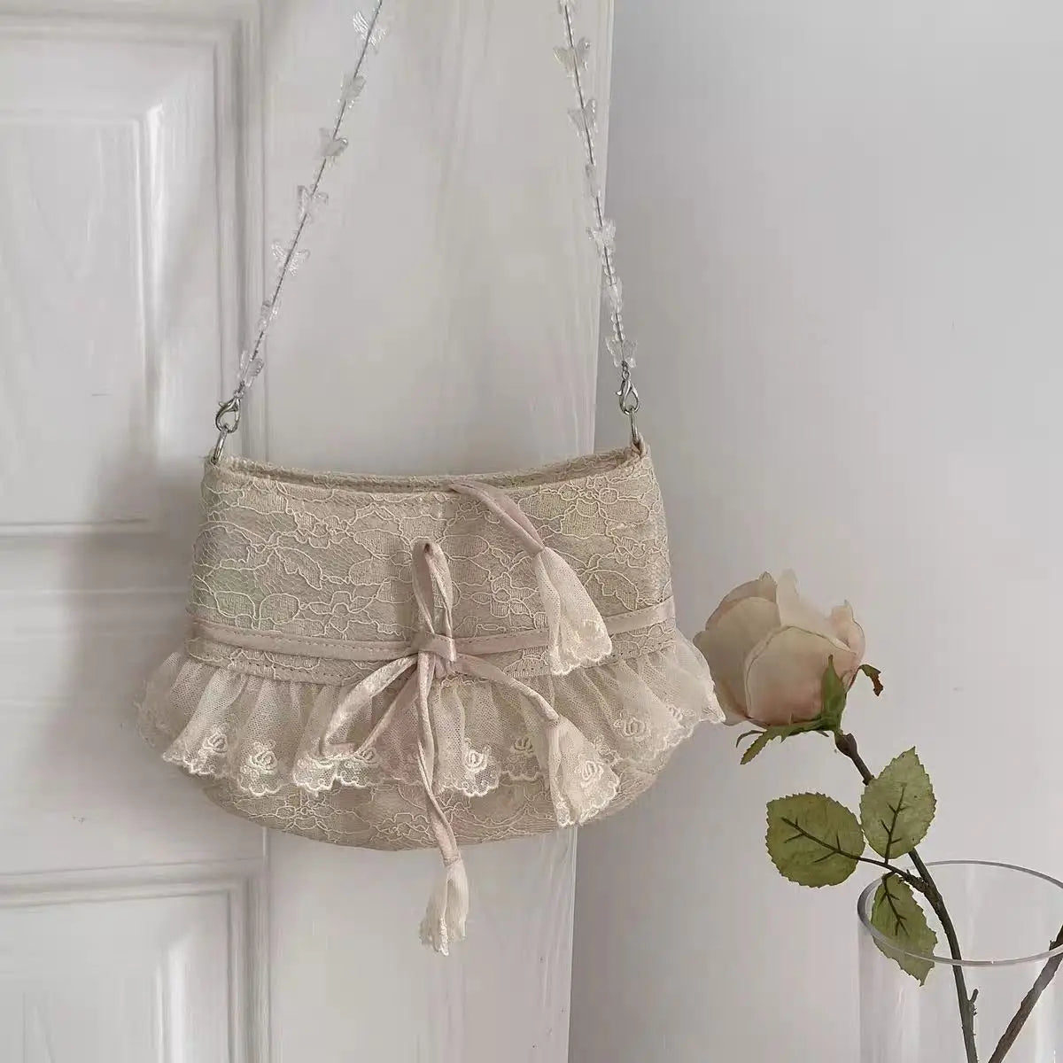 nvxiot - Lolita Lace Sweet Handbag Women Vintage Fairycore Aesthetic Bow Chic Shoulder Bags Purse Female Retro Underarm Bag Bolso