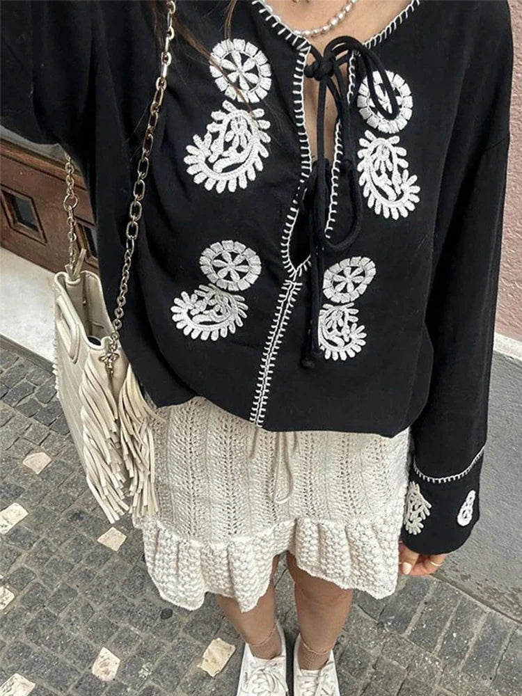 MQTIME - Embroidery Hollow Out Shirts Women Casual Bow Lace Up O-neck Flare Long Sleeve Blouses Lady 2024 Spring Summer Elegant Tops