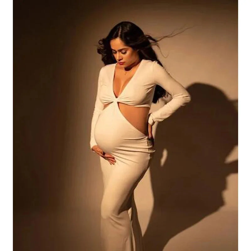MQTIME - NEW Long Sleeve Bodycon Maternity Maxi Stretchy Dress Perfect For Baby Boy Shower Pregnancy Elastic Gown For Photo Shoots