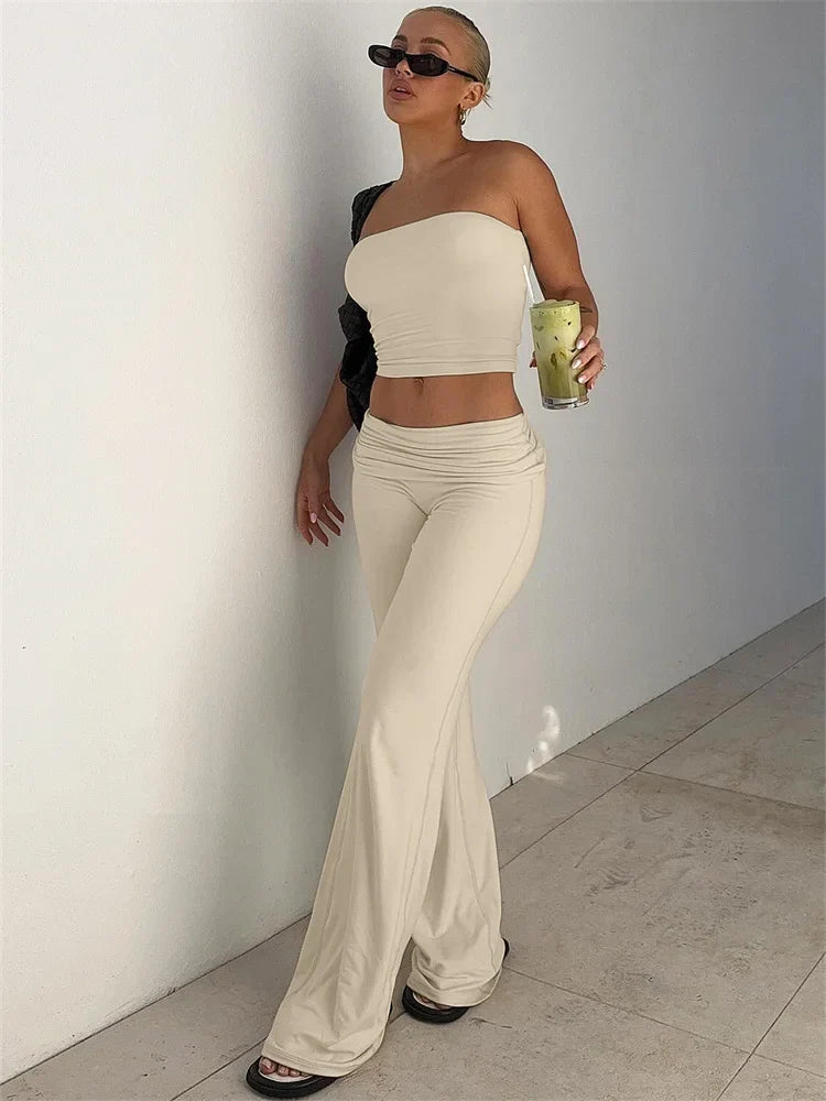 MQTIME - 2 Pieces Fold Over Flared Pants Women's Matching Sets Strapless Tube Top Trousers Solid Color Slim Outfit Leisure Suit