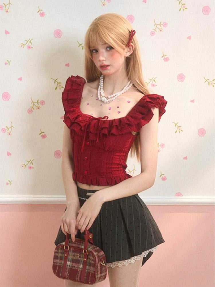 MQTIME - Red Flying Sleeve T-shirts for Women Ruffled Off Shoulder Crop Top Korean Style Summer Fashion Y2k Bodycon Slim Clothes