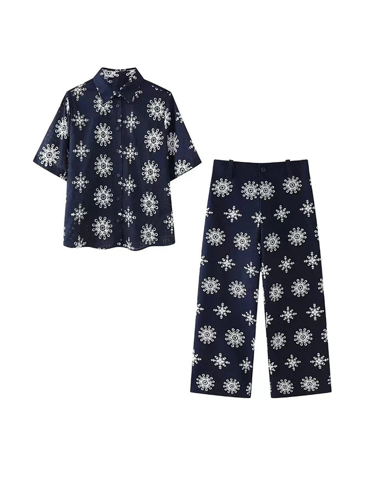 MQTIME - Embroidered Pants Sets For Women 2 Pieces 2024 New Summer Single-breasted Shirt Top Wide Leg Trousers Two Piece Suit Female