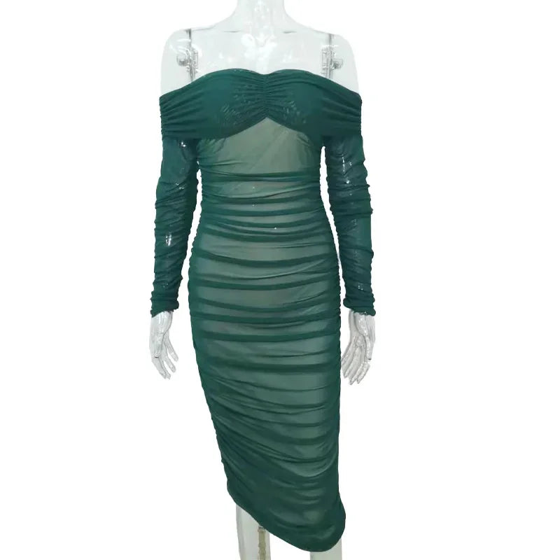 nvxiot - 2024 Spring Lady Elegant Sheer Layer Off Shoulder Chic Ruched Party Evening Sheath Bodycon Dress Maternity Pregnancy Dress