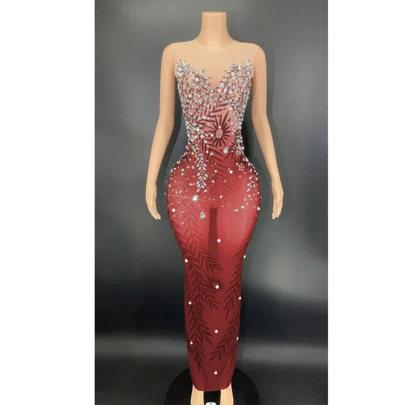 MQTIME - Elegant Stretchy Mesh Printed Red Evening Dress For Party Banquet Embellished Maternity Dresses for Pregnancy Photoshoot