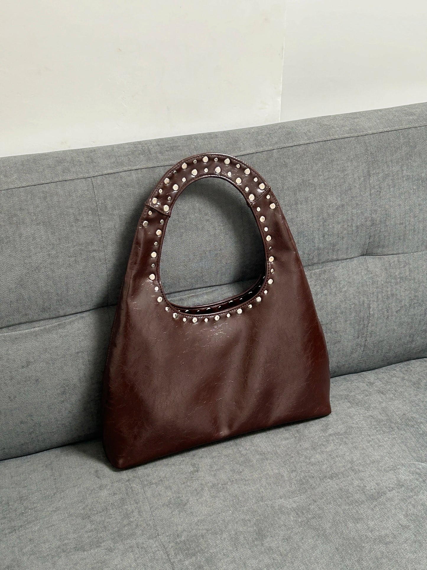 nvxiot - 24 new retro rivet decorative shoulder bag European and American motorcycle wind oil wax leather armpit handbag for women