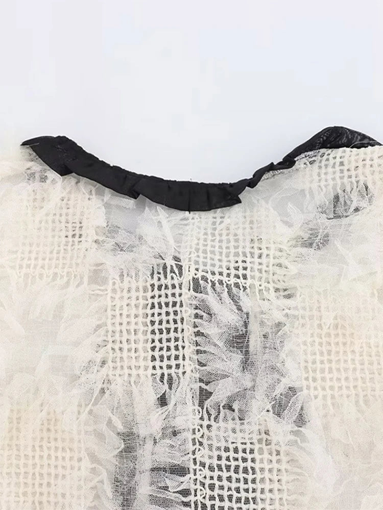 MQTIME - Knitted Mesh Lace Up Shirts Women Elegant Hollow Out Loose Lace Long Sleeve Jacket Coat Female Chic Casual O-Neck Coats Outwear