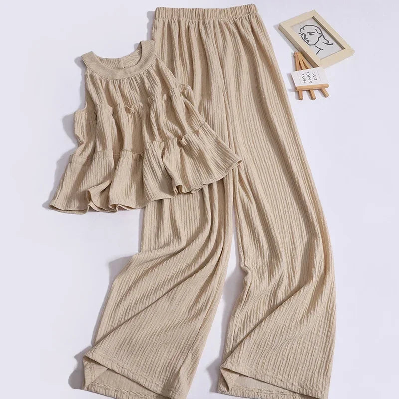nvxiot - Summer New Sweet Ruffles O Neck Sleeveless Tops High Waist Loose Casual Straight Pants Fashion Two-piece Set for Women Outfits