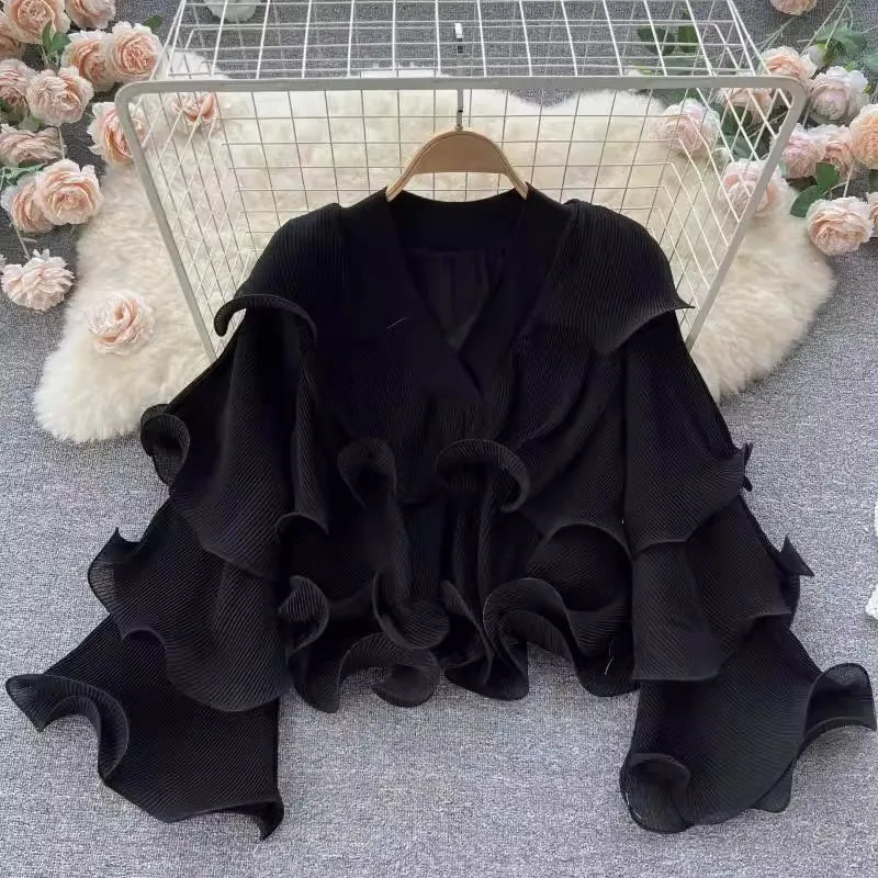 nvxiot - White Chiffon Ruffles Maternity Photography Tops Shirts Long Sleeve V Neck Pleats Chiffon Shirts For Pregnancy Photoshoot Blouse