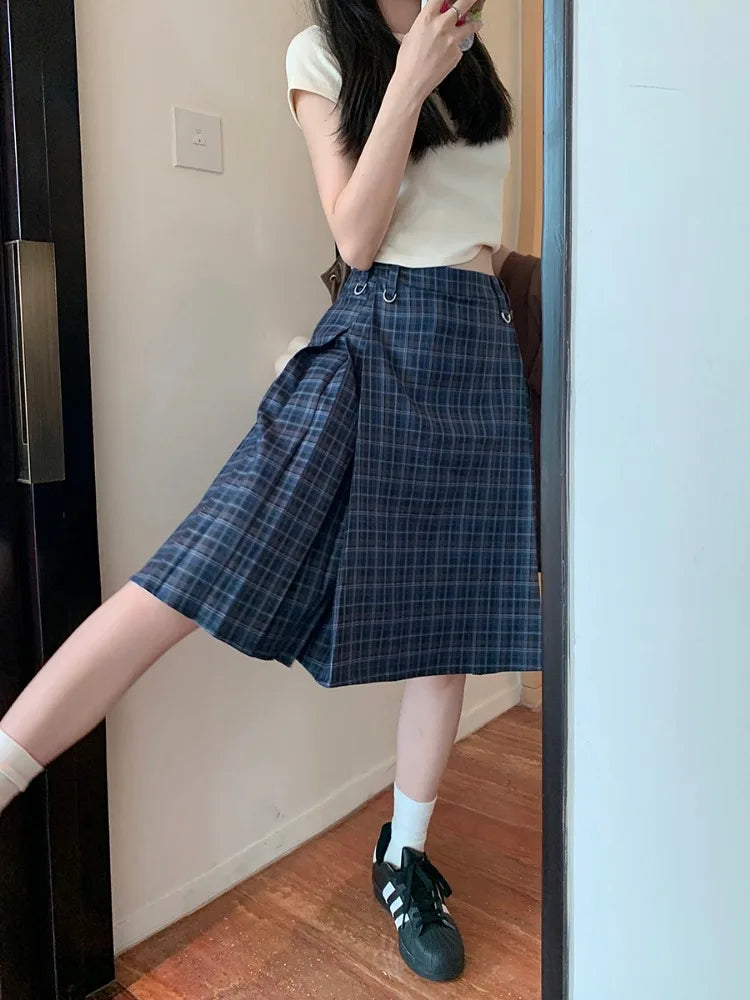 MQTIME - Vintage Plaid Midi Skirt Women American Retro Pleated A-line High Wasit Skirts Summer Fashion Uniform Aesthetics Clothes