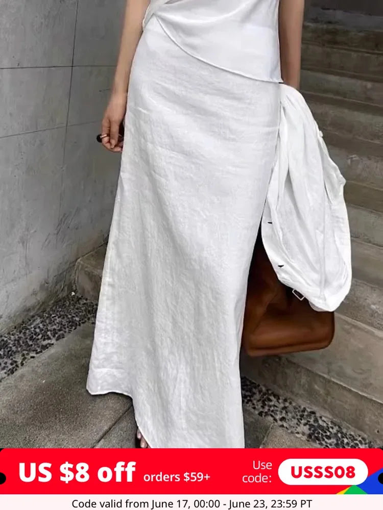 MQTIME - Vintage White Linen Maxi Skirt Straight Cotton High Waisted Split Casual Long Skirts for Women Office Lady Summer Skirt