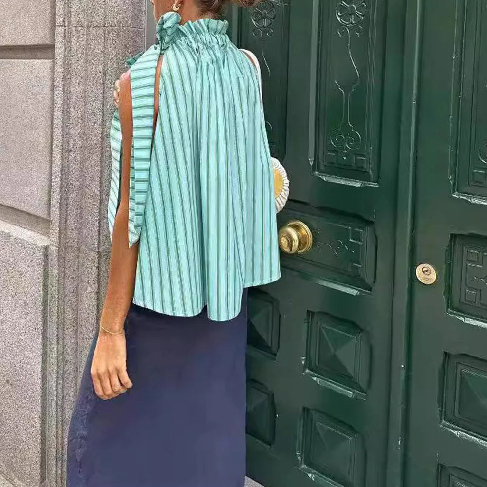 MQTIME - Casual Loose Ruffle Lace-Up Collar Sleeveless Striped Tops for Woman 2024 Casual Fashion New Sleeveless T-Shirts Woman Clothing