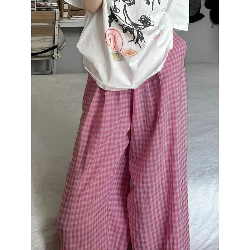 nvxiot - High Waist Loose Straight Long Pink Plaid Pant Women's Pants 2024 y2k Wide Leg Trouser Summer Boho Baggy Leg Korean Casual
