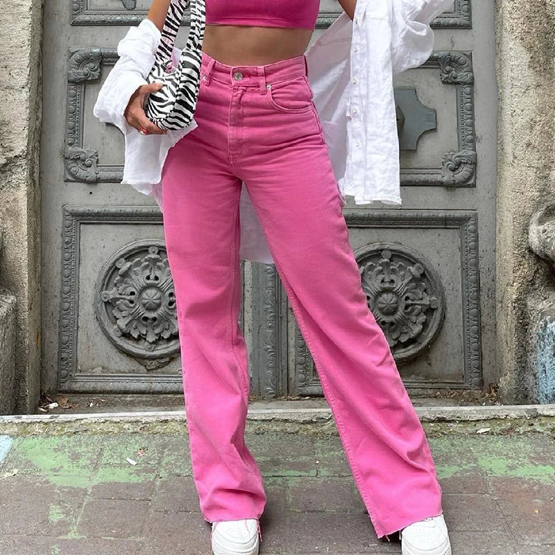 nvxiot Casual High Waist Pockets Rivet джинсы женские Wide Leg Pant Vintage Slim Macaron Color Office Ladies Jeans Korean Fashion
