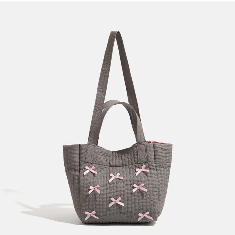 nvxiot - Large Capacity Grey Tote Bag Women Harajuku Bow Chic Canvas Handbag Messenger Bag Ladies Casual Crossbody Bags Aesthetic