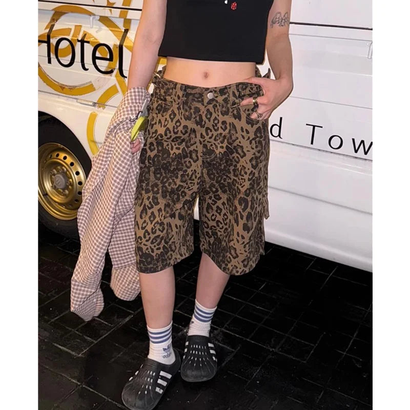 nvxiot - Women's Shorts Jeans Leopard Print High Waist Straight Pants Streetwear Cargo Y2K Vintage Female Wide Leg Denim Shorts Pants
