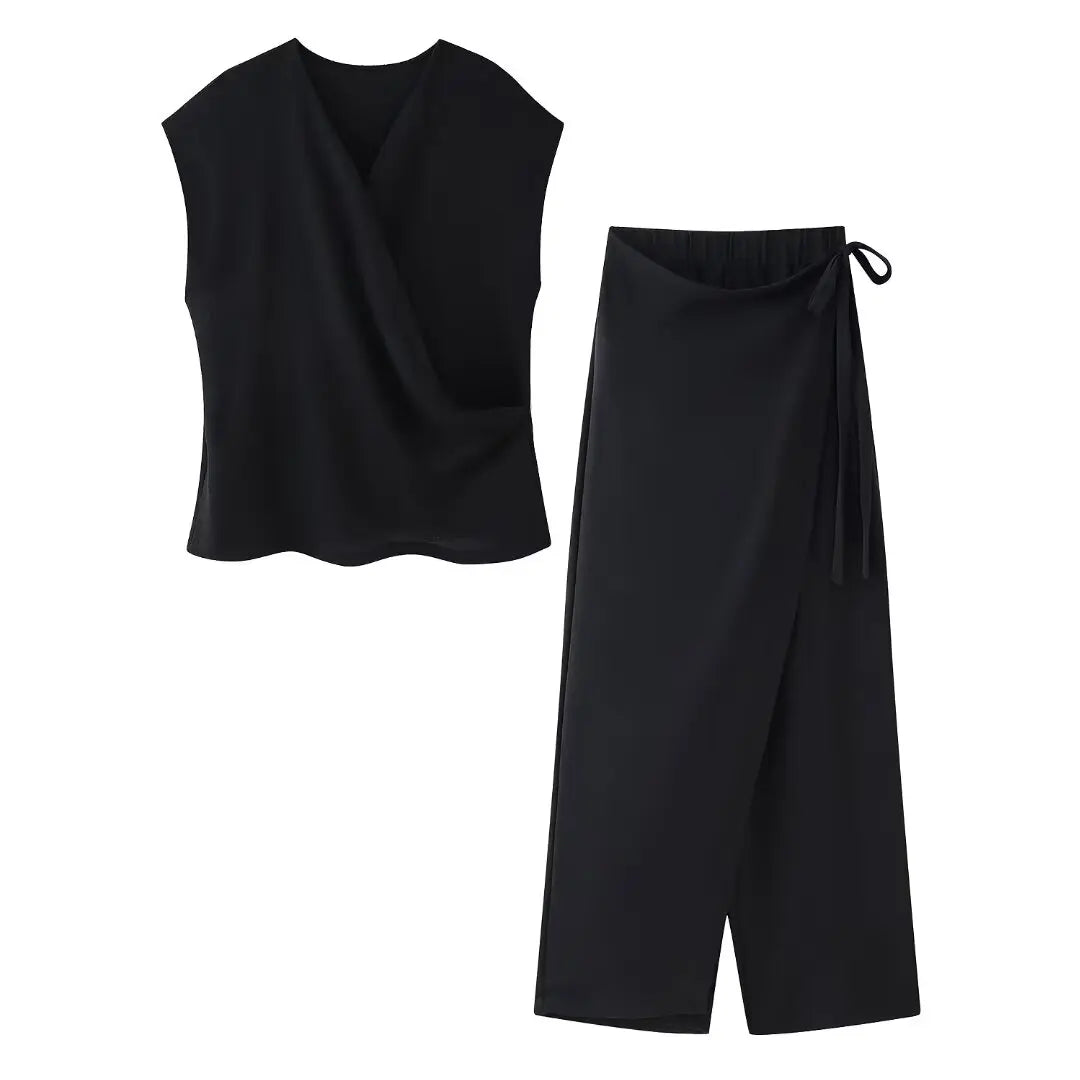 MQTIME - Summer Women's New Suits Solid V-Neck Sleeveless Off Shoulder Top+Side Bow Lace-Up Decoration Elastic Waist Pant Mujer