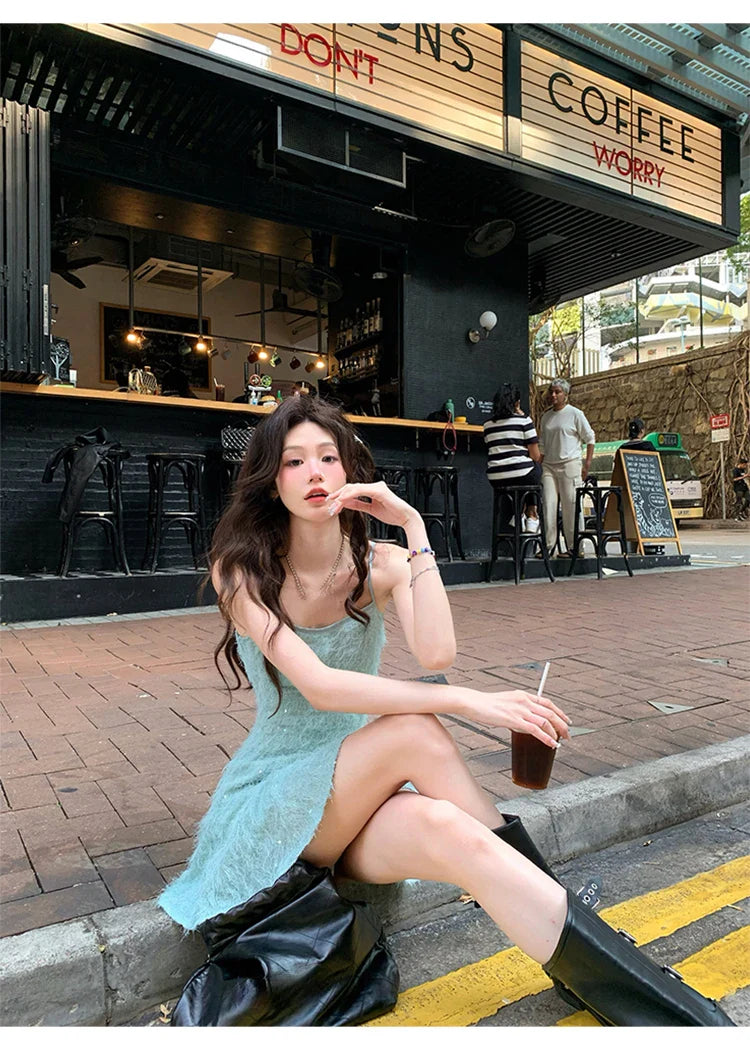 MQTIME - Bodycon Sexy Y2k Mini Dress Women Casual Pure Color Elegant Dress Female Even Party Vintage Beach Style Korean Fashion Clothing