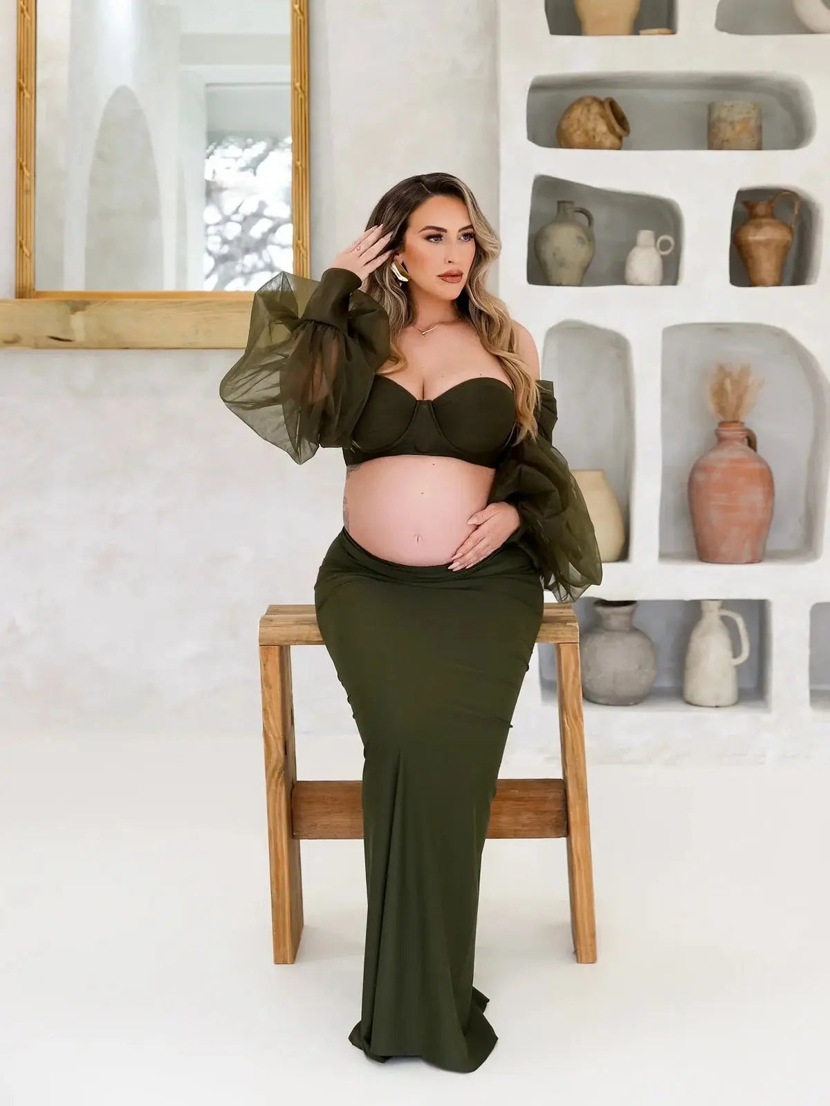 nvxiot - Blackish Green Tulle Maternity Photography Dress Set Off-shoulder Plus Size Sexy Pregnancy Gown for Women Photoshoot 2024
