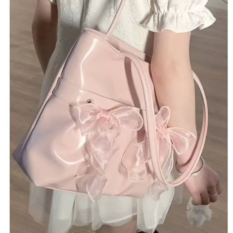 MQTIME - Fairycore Pink Y2k Shoulder Bags Women Hot Girls Bow Chic Large Capacity Handbag Ladies Harajuku Aesthetic Tote Bag 2024