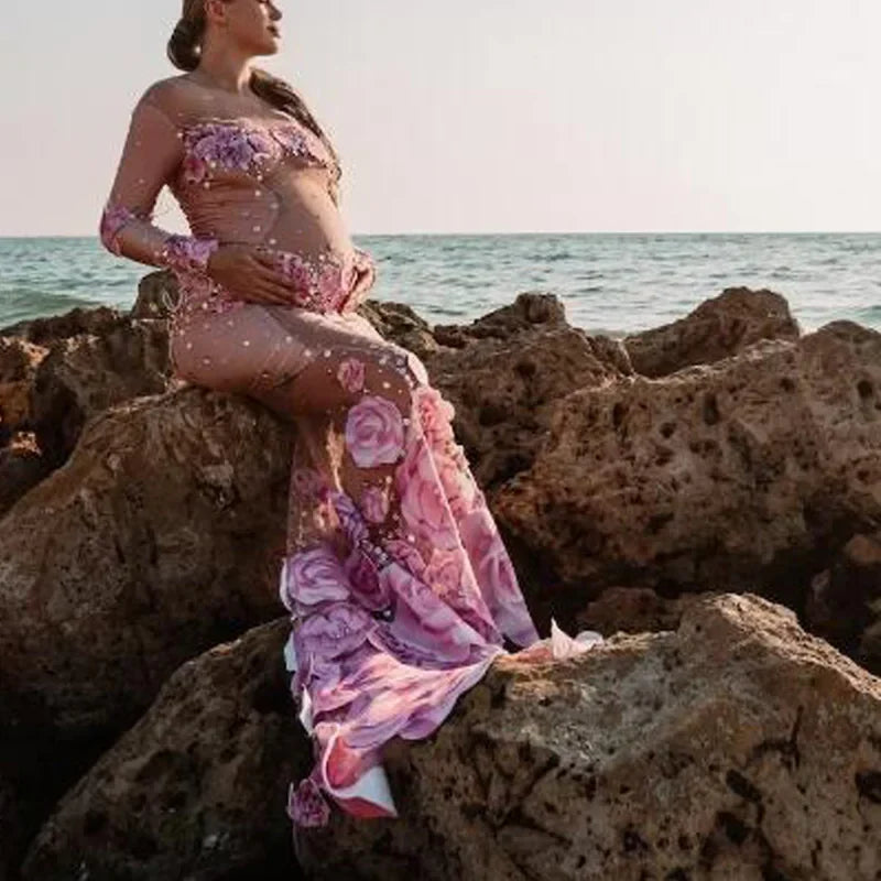 nvxiot - New 2024 Shiny Diamonds Romantic Pink Rose Elegant Maxi Maternity Dress Photoshoot Sexy Dress
