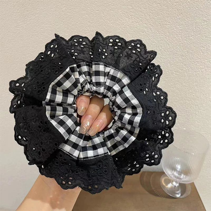 nvxiot - Retro Korean Flower Lace Scrunchies Four Layer Women Girls Exquisite Elastics Plaid Large Intestine Hair Holder Sweet INS Access