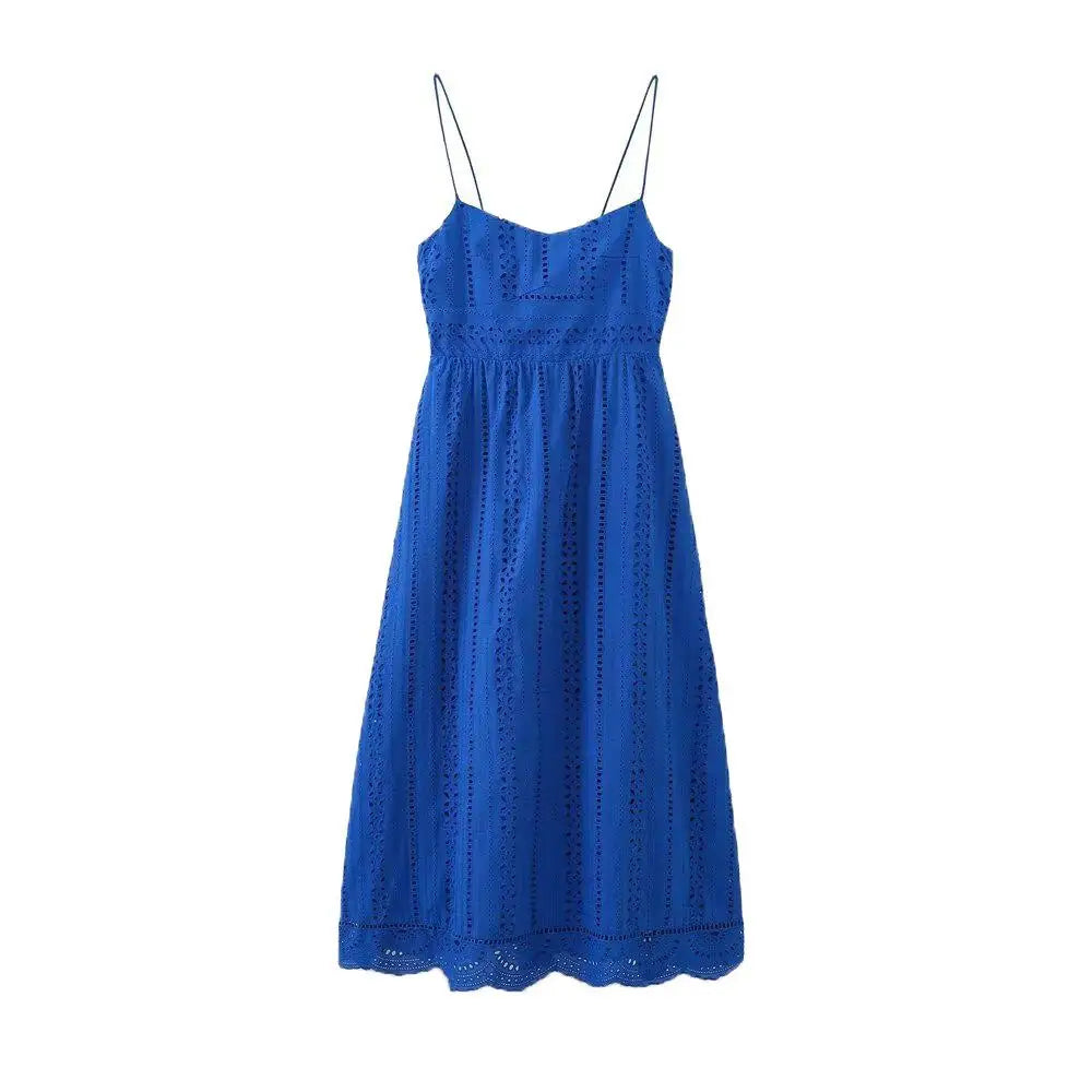 MQTIME - Woman Ocean Blue Spaghetti Strap Suspender Maxi Dress Elegant Lace Hollow Sapphire Blue Summer Dress 2024 Fashion New Lady Wear