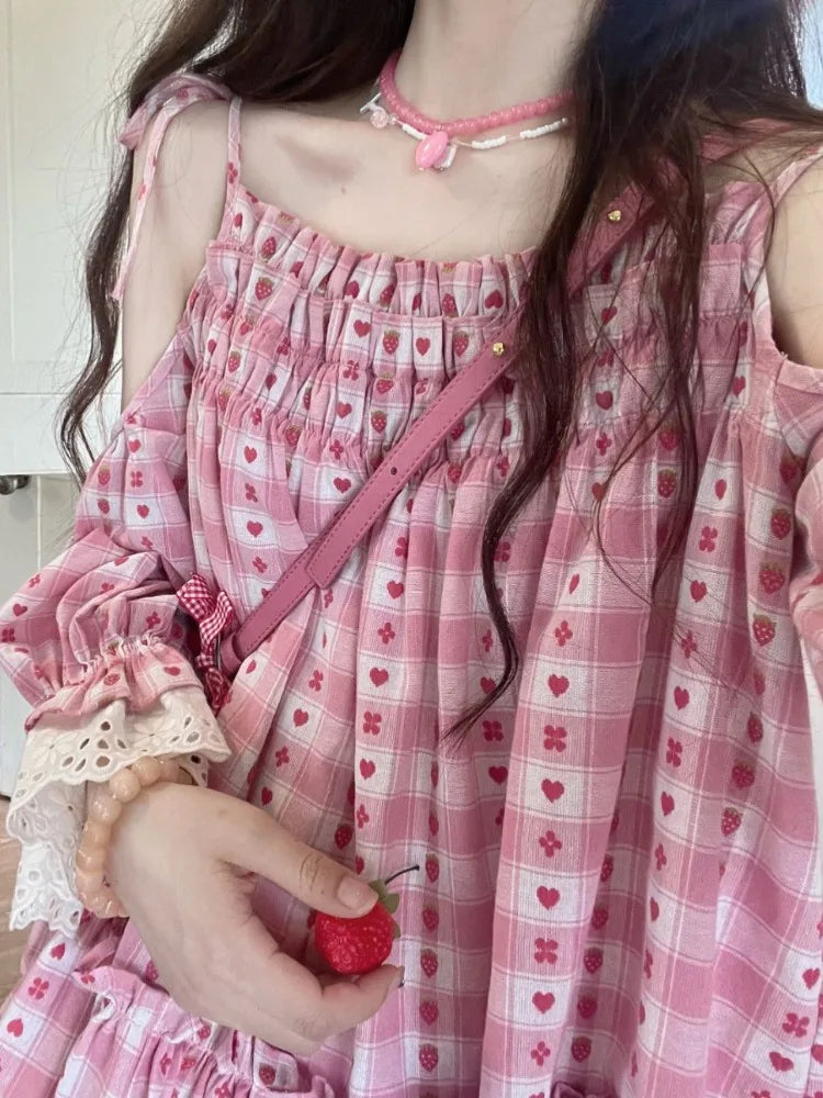 MQTIME - Kawaii Pink Strapless Top Off Shoulder Long Sleeve Lace-up Y2k Tops Sweet Japan Cutecore Aesthetic Clothing for Summer