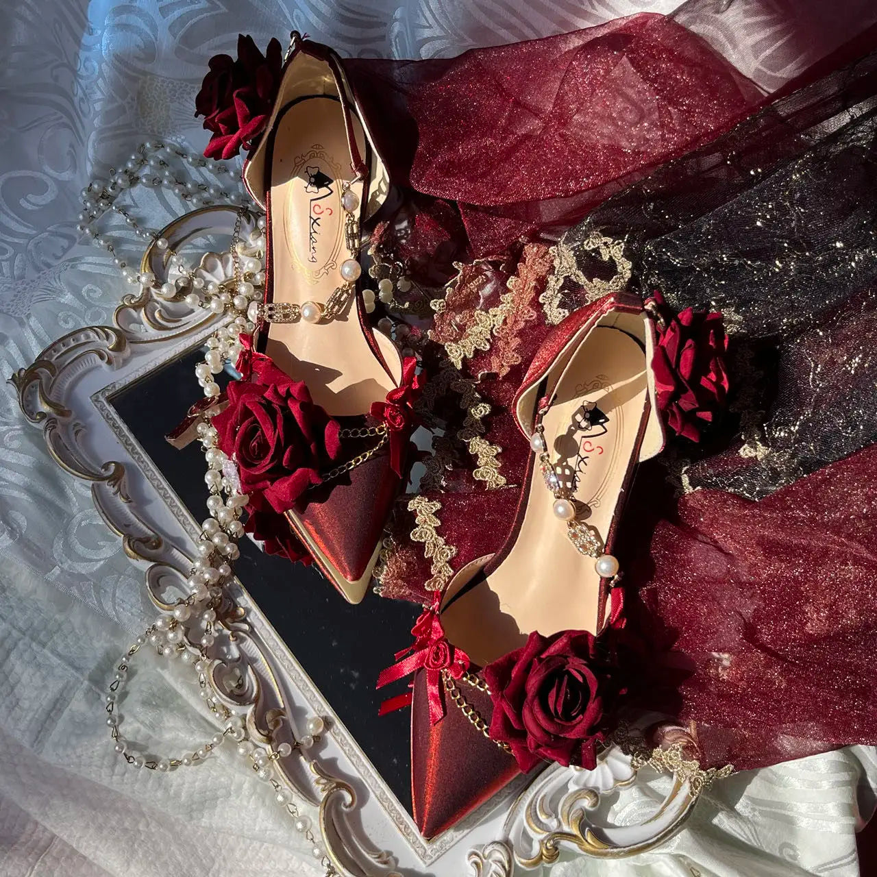 MQTIME - Black Red Gothic Lolita Shoe Wedding Lolita High Heels For Ladies Rose pointed toe dress shoes for womenluxury shoes sss grade