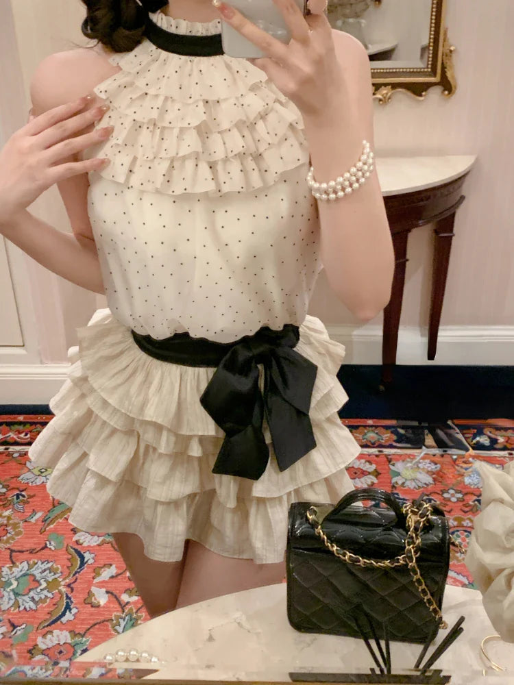 MQTIME - Chiffon 2 Piece Skirts Sets Outwear Casual Y2k Crop Tops Sleeveless + Mini Skirts Korean Fashion Suits 2000s Vintage Clothing