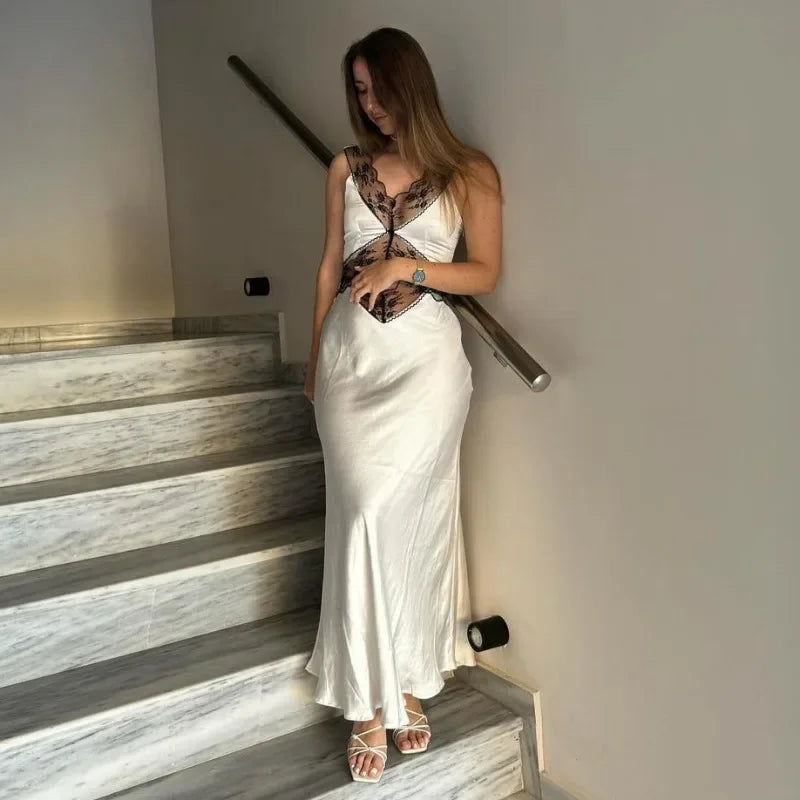 MQTIME - Hollow Lace Long Dress Women Patchwork Backless High Waist Sleeveless Dresses Party Fashion Evening Elegant Dress Femme