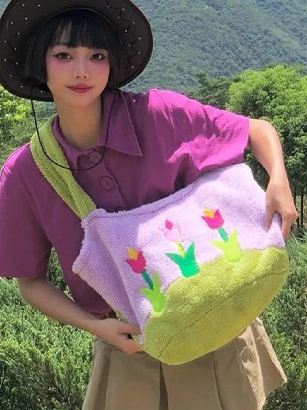 nvxiot - Floral Plush Y2k Handbag Women New Summer Vintage Fur Soft Chic Casual Mini Tote Bags Ladies Harajuku Cute Shoulder Bag