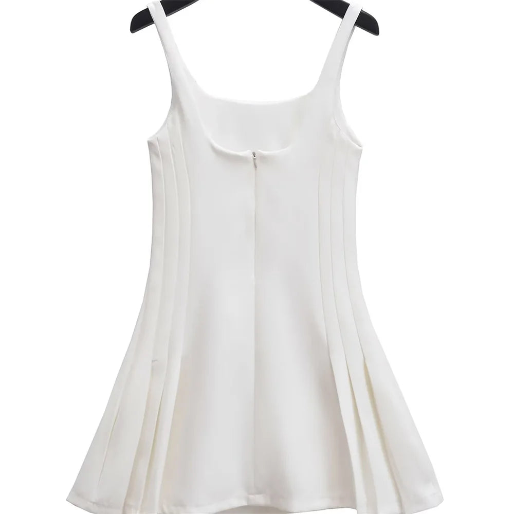 MQTIME - Summer 2024 European and American Women's New Sexy Backless Square Neck Suspender Bottom Wide Pleated Short Skirt Mini Skirt