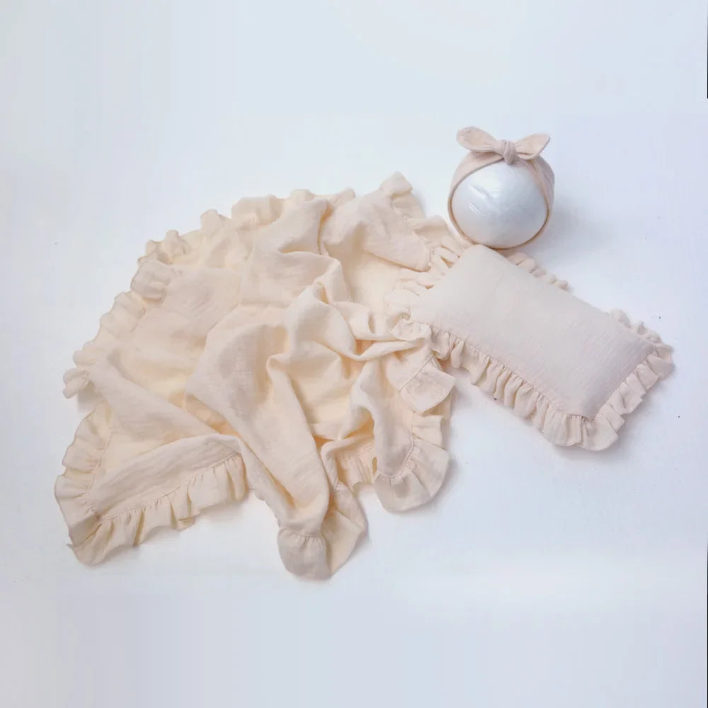 nvxiot - Newborn Props For Photography Soft Skin Friendly Double-Layer Cotton Blanket/Lace Pillow/Headband Photography Accessories