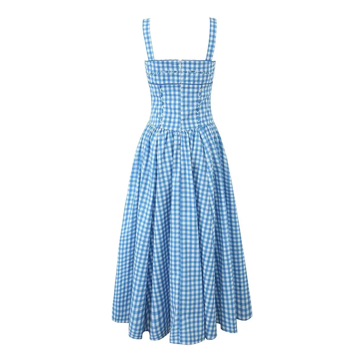 MQTIME - Summer Fashion Atmosphere Retro Blue Plaid Flap Pocket Pants Suspender Long European And American Style Street Design Dress